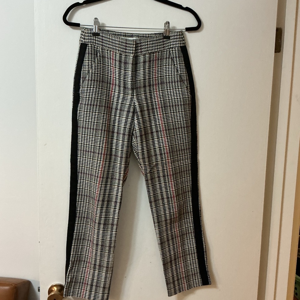 Veronica Beard multi color herringbone wool pants with black tuxedo stripes